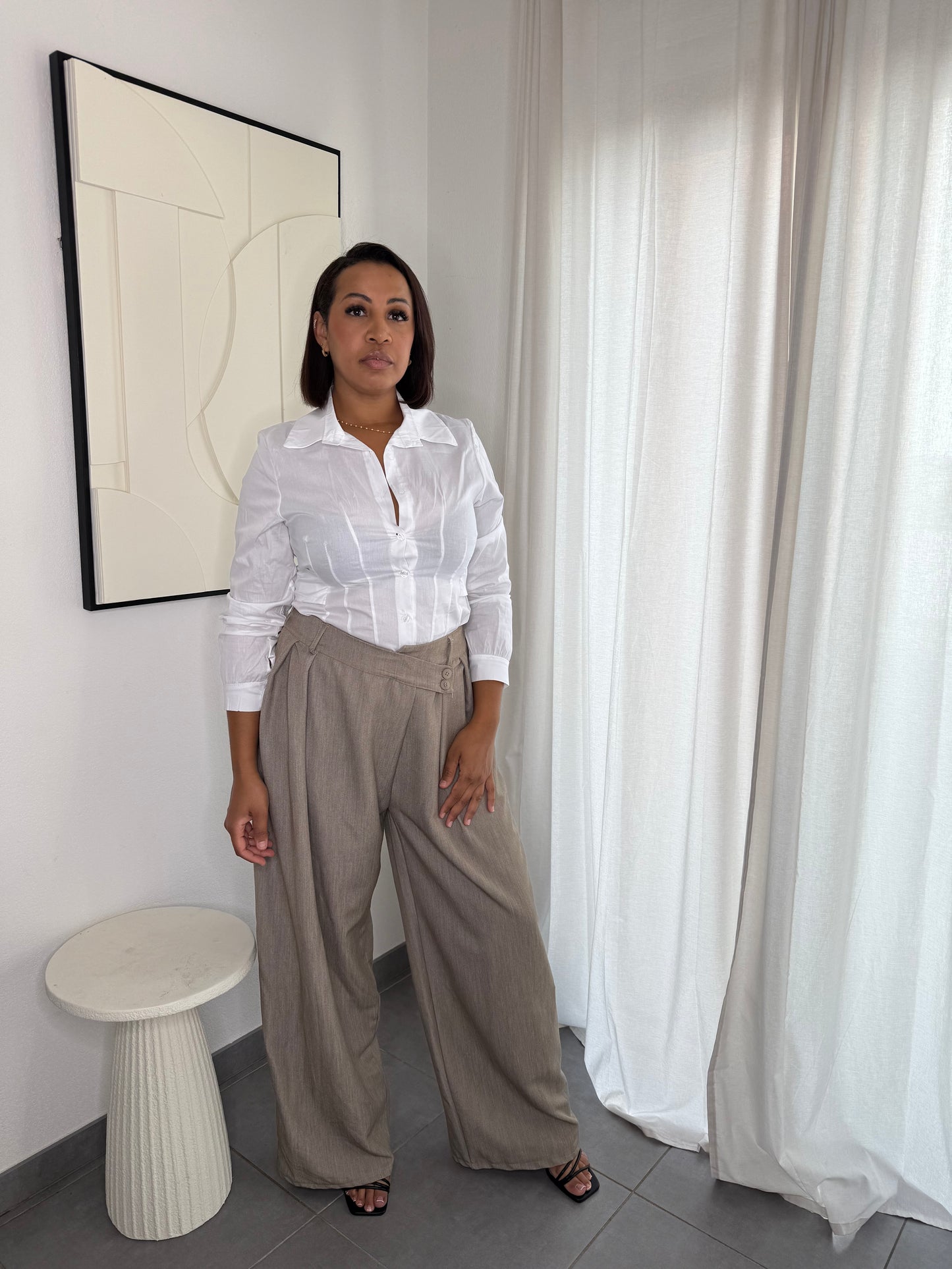 Pantalon taille haute large taupe