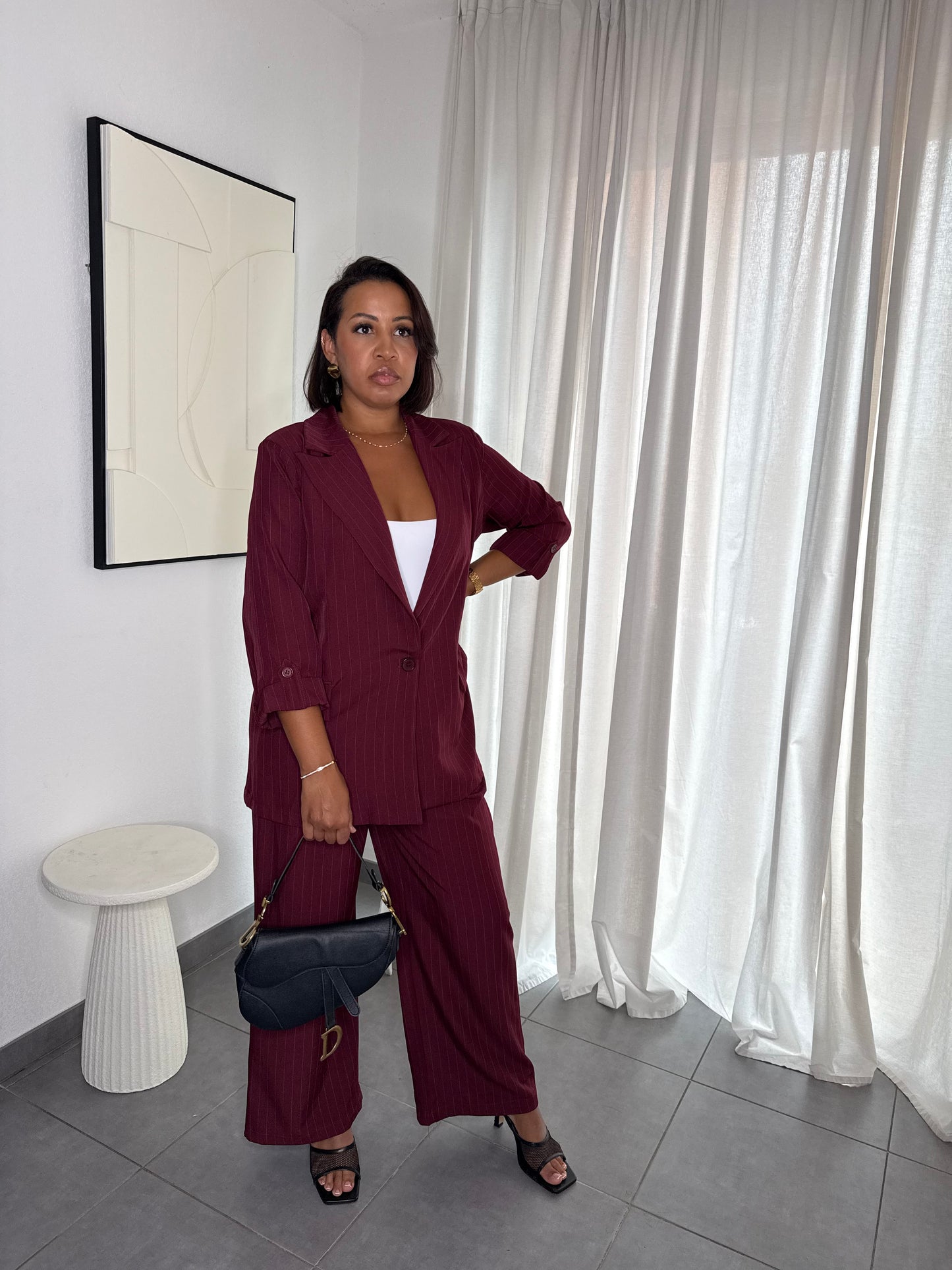 Ensemble blazer à rayures bordeaux