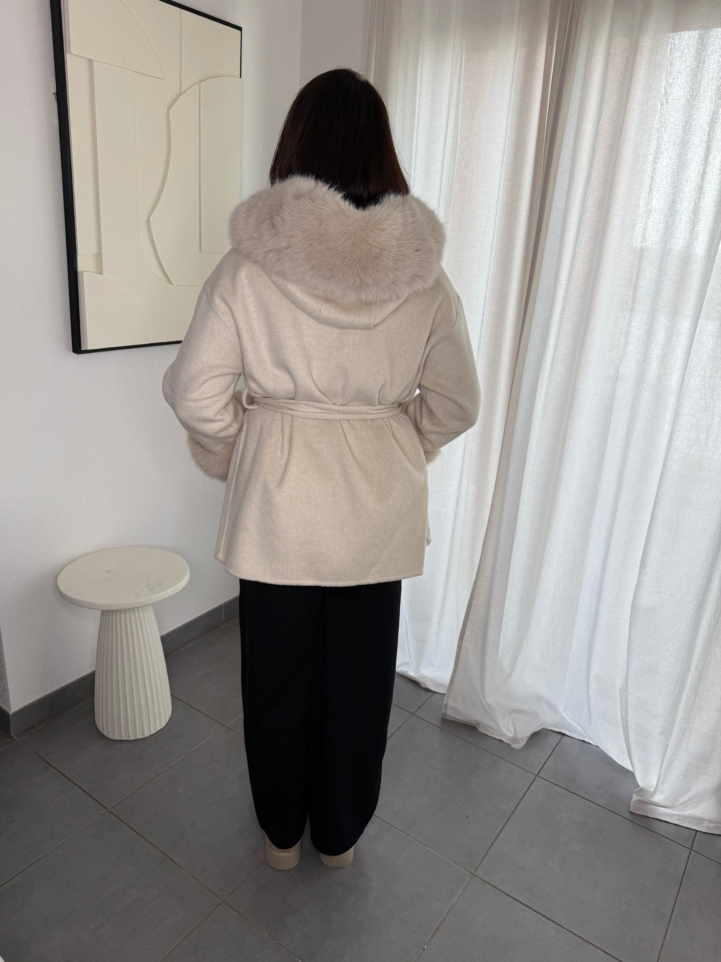 Manteau à capuche en laine + fourrure synthétique
