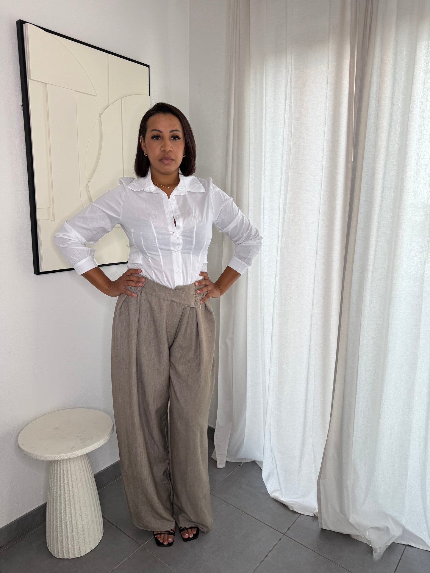 Pantalon taille haute large taupe