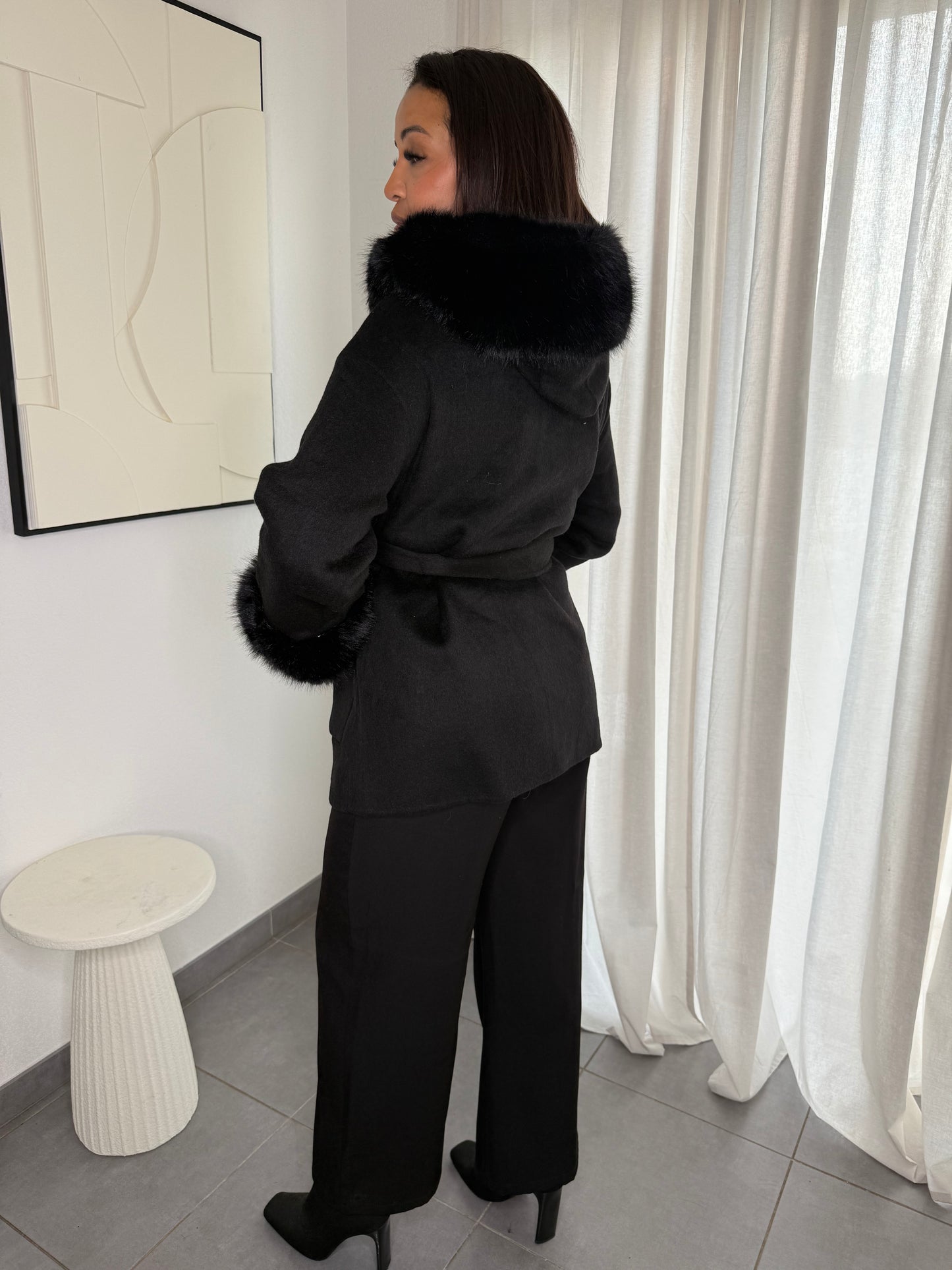 Manteau à capuche en laine + fourrure synthétique