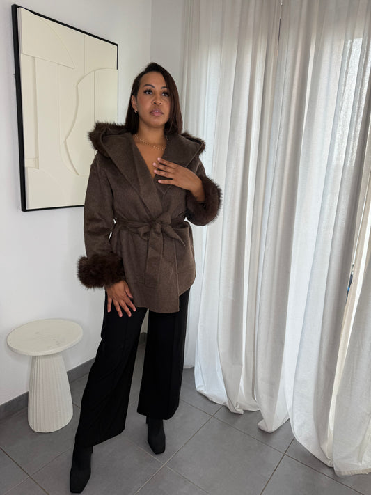 Manteau à capuche en laine + fourrure synthétique