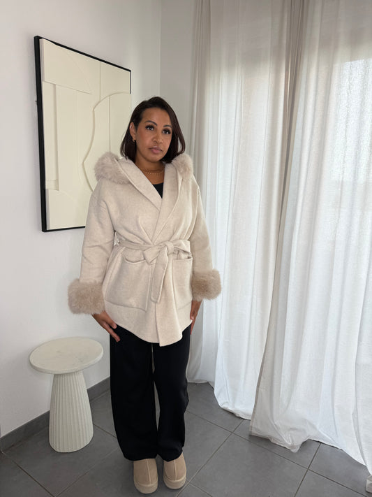 Manteau à capuche en laine + fourrure synthétique